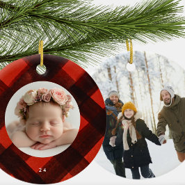 Twee foto Kerstmis geschilderd rood zwart geruite Keramisch Ornament