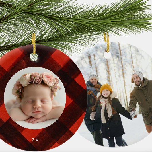 Twee foto Kerstmis geschilderd rood zwart geruite Keramisch Ornament