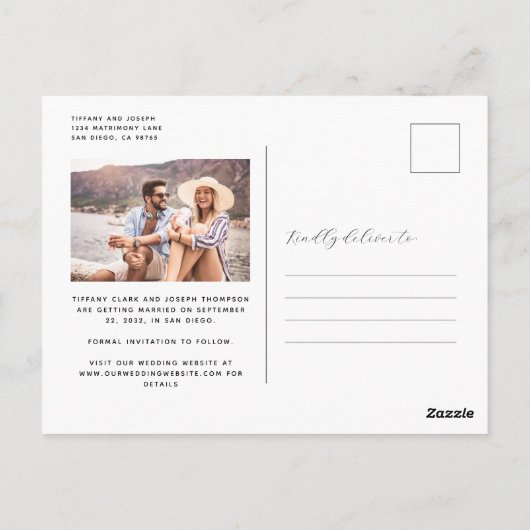 Twee foto-minimalistische marineblauw Save the Dat Briefkaart (Achterkant)