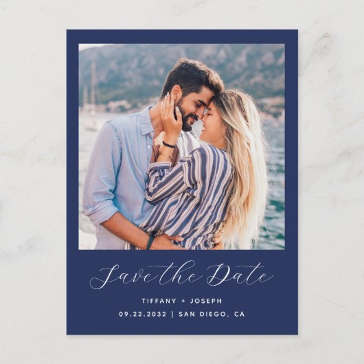Twee foto-minimalistische marineblauw Save the Dat Briefkaart (Voorkant)