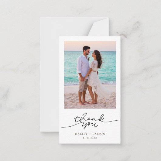 Twee foto moderne script bruiloft budget dank u notitiekaartje (Voorkant)