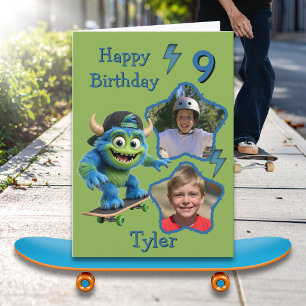 Twee foto Monster op Skateboard 9e Verjaardagskaar Kaart