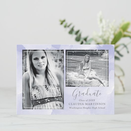 Twee foto Paarse achtergrond Afstuderen Aankondiging (Staand voorkant)