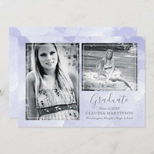 Twee foto Paarse achtergrond Afstuderen Aankondiging (Voorkant / Achterkant)