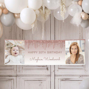 Twee Foto Roze Gouden Drip Glitter 30e Verjaardag Spandoek