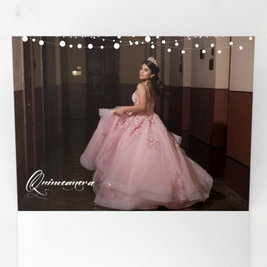 Twee foto-roze Silhouette met Moon Quinceanera Drieluik Uitnodiging (Binnenzijde eerst)
