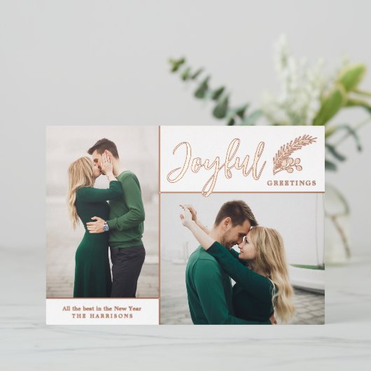 Twee foto van Elegant Joyful Greetings | wit Folie Feestdagenkaart (Staand Voorkant)