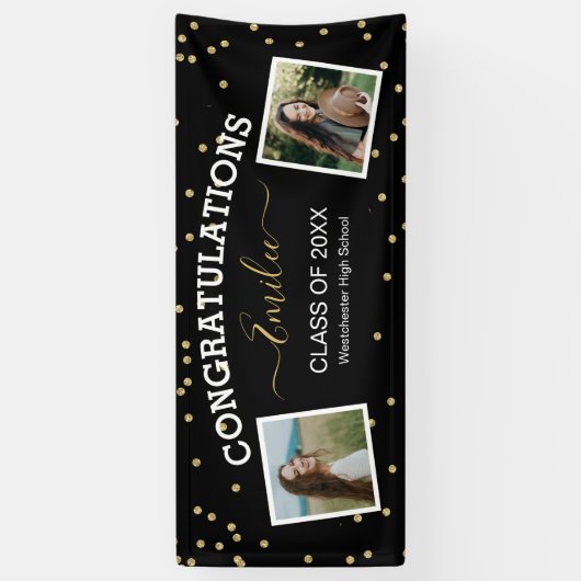 Twee foto van Glitter Black Gefeliciteerd Afstuder Spandoek (Verticaal)