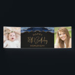Twee foto van Navy Blue Gold Agate 18th Birthday Spandoek<br><div class="desc">Welkom gasten met deze chic,  glamoureuze 18e verjaardagsfeestfotobanner,  met een blauw-marineslaggrens met gouden faux-glitter op een zwarte achtergrond. Vervang gemakkelijk de twee afbeeldingen van de steekproef met foto's van de gast van eer. Pas het aan met haar naam in goudkleurige tekst onder de woorden "Happy 18th Birthday".</div>