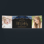 Twee foto van Navy Blue Gold Agate 18th Birthday Spandoek<br><div class="desc">Welkom gasten met deze chic,  glamoureuze 18e verjaardagsfeestfotobanner,  met een blauw-marineslaggrens met gouden faux-glitter op een zwarte achtergrond. Vervang gemakkelijk de twee afbeeldingen van de steekproef met foto's van de gast van eer. Pas het aan met haar naam in goudkleurige tekst onder de woorden "Happy 18th Birthday".</div>