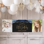 Twee foto van Navy Blue Gold Agate 18th Birthday Spandoek<br><div class="desc">Welkom gasten met deze chic,  glamoureuze 18e verjaardagsfeestfotobanner,  met een blauw-marineslaggrens met gouden faux-glitter op een zwarte achtergrond. Vervang gemakkelijk de twee afbeeldingen van de steekproef met foto's van de gast van eer. Pas het aan met haar naam in goudkleurige tekst onder de woorden "Happy 18th Birthday".</div>