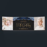 Twee foto van Navy Blue Gold Agate 50th Birthday Spandoek<br><div class="desc">Welkom gasten met deze chic,  glamoureus fotobanner op 50-jarige verjaardag,  met een blauw-marineslaggrens met gouden faux-glitter op een zwarte achtergrond. Vervang gemakkelijk de twee afbeeldingen van de steekproef met foto's van de gast van eer. Pas het aan met haar naam in goudkleurige tekst onder de woorden "Happy 50th Birthday".</div>