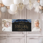 Twee foto van Navy Blue Gold Agate 50th Birthday Spandoek<br><div class="desc">Welkom gasten met deze chic,  glamoureus fotobanner op 50-jarige verjaardag,  met een blauw-marineslaggrens met gouden faux-glitter op een zwarte achtergrond. Vervang gemakkelijk de twee afbeeldingen van de steekproef met foto's van de gast van eer. Pas het aan met haar naam in goudkleurige tekst onder de woorden "Happy 50th Birthday".</div>