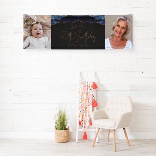 Twee foto van Navy Blue Gold Agate 60th Birthday Spandoek (Insitu)