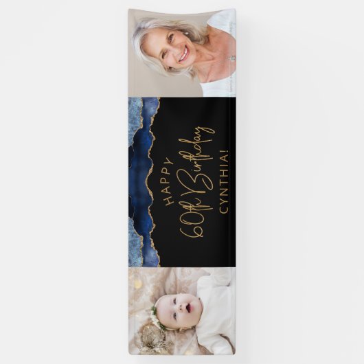 Twee foto van Navy Blue Gold Agate 60th Birthday Spandoek (Verticaal)