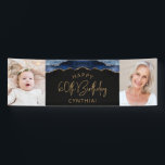 Twee foto van Navy Blue Gold Agate 60th Birthday Spandoek<br><div class="desc">Welkom gasten met deze chic,  glamoureuze 60ste verjaardagsfeestfotobanner,  met een blauw-marineslaggrens met gouden faux-glitter op een zwarte achtergrond. Vervang gemakkelijk de twee afbeeldingen van de steekproef met foto's van de gast van eer. Pas het aan met haar naam in goudkleurige tekst onder de woorden "Happy 60th Birthday".</div>