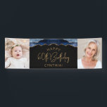 Twee foto van Navy Blue Gold Agate 60th Birthday Spandoek<br><div class="desc">Welkom gasten met deze chic,  glamoureuze 60ste verjaardagsfeestfotobanner,  met een blauw-marineslaggrens met gouden faux-glitter op een zwarte achtergrond. Vervang gemakkelijk de twee afbeeldingen van de steekproef met foto's van de gast van eer. Pas het aan met haar naam in goudkleurige tekst onder de woorden "Happy 60th Birthday".</div>
