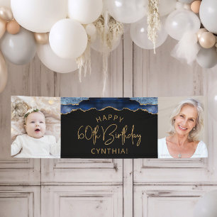 Twee foto van Navy Blue Gold Agate 60th Birthday Spandoek