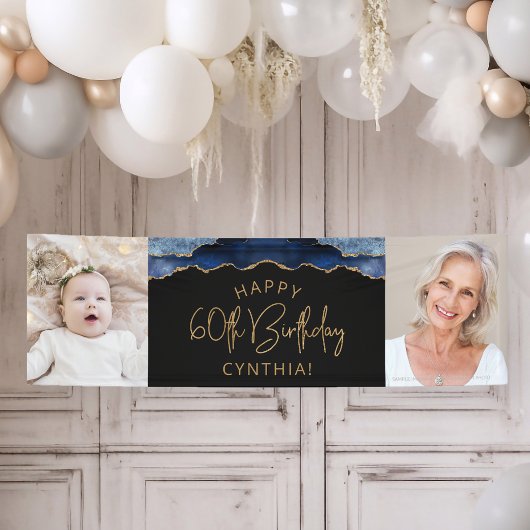 Twee foto van Navy Blue Gold Agate 60th Birthday Spandoek