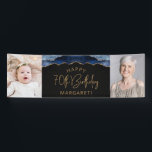 Twee foto van Navy Blue Gold Agate 70th Birthday Spandoek<br><div class="desc">Welkom gasten met deze chic, glamoureuze fotobanner op de 70ste verjaardag, met een blauw-marineslaggrens met gouden faux-glitter op een zwarte achtergrond. Vervang gemakkelijk de twee afbeeldingen van de steekproef met foto's van de gast van eer. Pas het aan met haar naam in goudkleurige tekst onder de woorden "Happy 70th Birthday"....</div>