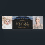 Twee foto van Navy Blue Gold Agate 70th Birthday Spandoek<br><div class="desc">Welkom gasten met deze chic, glamoureuze fotobanner op de 70ste verjaardag, met een blauw-marineslaggrens met gouden faux-glitter op een zwarte achtergrond. Vervang gemakkelijk de twee afbeeldingen van de steekproef met foto's van de gast van eer. Pas het aan met haar naam in goudkleurige tekst onder de woorden "Happy 70th Birthday"....</div>