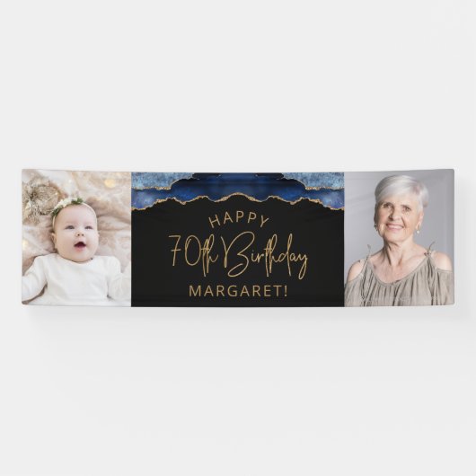 Twee foto van Navy Blue Gold Agate 70th Birthday Spandoek (Horizontaal)