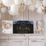 Twee foto van Navy Blue Gold Agate 70th Birthday Spandoek<br><div class="desc">Welkom gasten met deze chic, glamoureuze fotobanner op de 70ste verjaardag, met een blauw-marineslaggrens met gouden faux-glitter op een zwarte achtergrond. Vervang gemakkelijk de twee afbeeldingen van de steekproef met foto's van de gast van eer. Pas het aan met haar naam in goudkleurige tekst onder de woorden "Happy 70th Birthday"....</div>