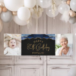 Twee foto van Navy Blue Gold Agate 80th Birthday Spandoek<br><div class="desc">Welkom gasten met deze chic,  glamoureuze fotobanner op 80-jarige verjaardag,  met een blauw-marineslaggrens met gouden faux-glitter op een zwarte achtergrond. Vervang gemakkelijk de twee afbeeldingen van de steekproef met foto's van de gast van eer. Pas het aan met haar naam in goudkleurige tekst onder de woorden "Happy 80th Birthday".</div>