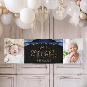 Twee foto van Navy Blue Gold Agate 80th Birthday Spandoek