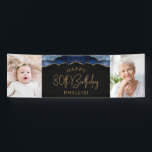Twee foto van Navy Blue Gold Agate 80th Birthday Spandoek<br><div class="desc">Welkom gasten met deze chic,  glamoureuze fotobanner op 80-jarige verjaardag,  met een blauw-marineslaggrens met gouden faux-glitter op een zwarte achtergrond. Vervang gemakkelijk de twee afbeeldingen van de steekproef met foto's van de gast van eer. Pas het aan met haar naam in goudkleurige tekst onder de woorden "Happy 80th Birthday".</div>