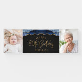 Twee foto van Navy Blue Gold Agate 80th Birthday Spandoek (Horizontaal)