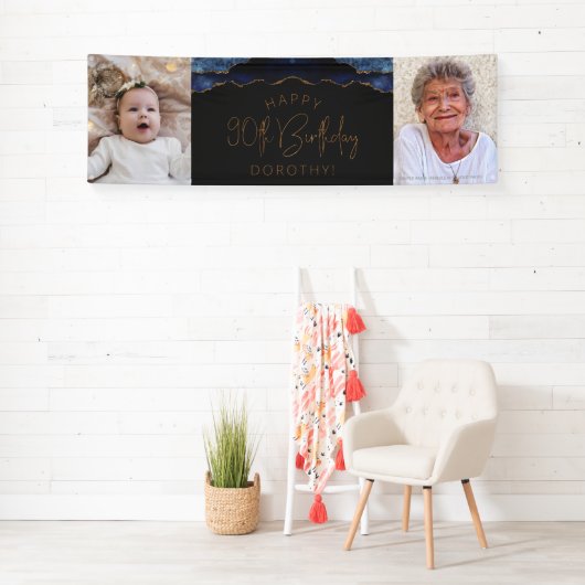 Twee foto van Navy Blue Gold Agate 90th Birthday Spandoek (Insitu)