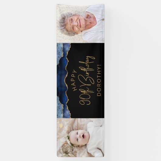 Twee foto van Navy Blue Gold Agate 90th Birthday Spandoek (Verticaal)