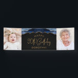Twee foto van Navy Blue Gold Agate 90th Birthday Spandoek<br><div class="desc">Welkom gasten met deze chic,  glamoureuze 90e verjaardagsfeestfotobanner,  met een blauw-marineslaggrens met gouden faux-glitter op een zwarte achtergrond. Vervang gemakkelijk de twee afbeeldingen van de steekproef met foto's van de gast van eer. Pas het aan met haar naam in goudkleurige tekst onder de woorden "Happy 90th Birthday".</div>