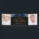 Twee foto van Navy Blue Gold Agate 90th Birthday Spandoek<br><div class="desc">Welkom gasten met deze chic,  glamoureuze 90e verjaardagsfeestfotobanner,  met een blauw-marineslaggrens met gouden faux-glitter op een zwarte achtergrond. Vervang gemakkelijk de twee afbeeldingen van de steekproef met foto's van de gast van eer. Pas het aan met haar naam in goudkleurige tekst onder de woorden "Happy 90th Birthday".</div>