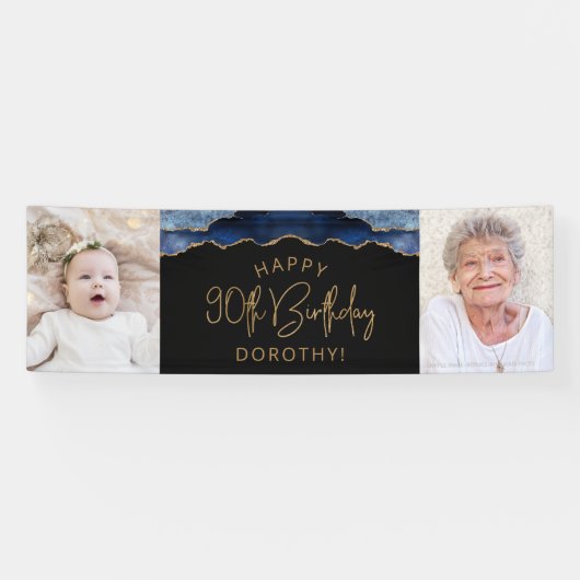 Twee foto van Navy Blue Gold Agate 90th Birthday Spandoek (Horizontaal)