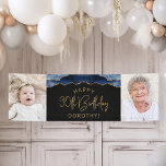 Twee foto van Navy Blue Gold Agate 90th Birthday Spandoek<br><div class="desc">Welkom gasten met deze chic,  glamoureuze 90e verjaardagsfeestfotobanner,  met een blauw-marineslaggrens met gouden faux-glitter op een zwarte achtergrond. Vervang gemakkelijk de twee afbeeldingen van de steekproef met foto's van de gast van eer. Pas het aan met haar naam in goudkleurige tekst onder de woorden "Happy 90th Birthday".</div>