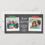 Twee foto Washi Tape Chalkboard Vakantie Fotokaart Feestdagenkaart<br><div class="desc">Deze trendy en budgetvriendelijke kerstkaart is voorzien van twee van uw favoriete foto's in stijl lijsten met een wasband in vrolijk rood en groen tegen een krijtbordachtergrond. Vergeet niet te personaliseren met uw eigen foto bijschriften,  bericht tekst en familienaam! Fotografie door Shanna Russell Photography,  San Antonio TX</div>