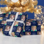 Twee fotocollage Navy Blue Merry Christmas Cadeaupapier<br><div class="desc">Dit kerstcadeaupapier biedt een donkerblauwe achtergrond met twee fotolijsten die doorheen het ontwerp worden herhaald. De achtergrond is geaccentueerd met een witte sneeuwvlok en aangepaste tekst voor een bericht en jouw naam.</div>