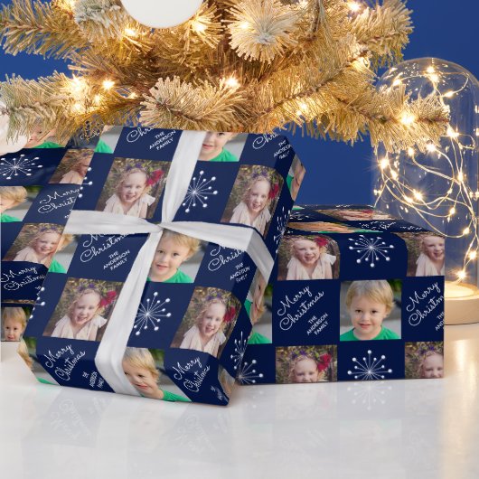 Twee fotocollage Navy Blue Merry Christmas Cadeaupapier (Feestdagen)