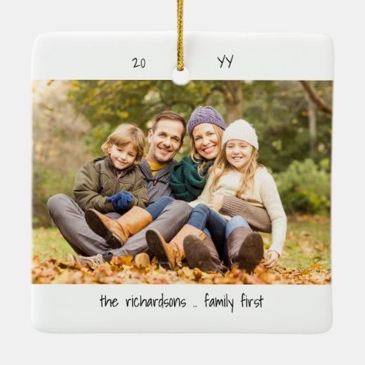 Twee fotogeluk is ... minimalistisch gezinscuut keramisch ornament (Achterkant)