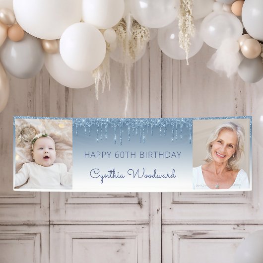 Twee foto's blauw uitstrijken Glitter 60th Birthda Spandoek