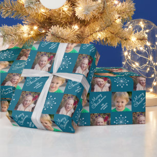 Twee foto's collage donk Blauwgroen kerst Cadeaupapier