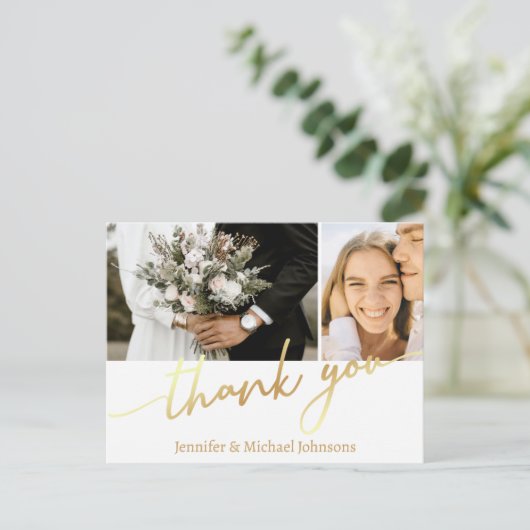 Twee foto's collage gouden script dank u, bruiloft briefkaart (Staand voorkant)