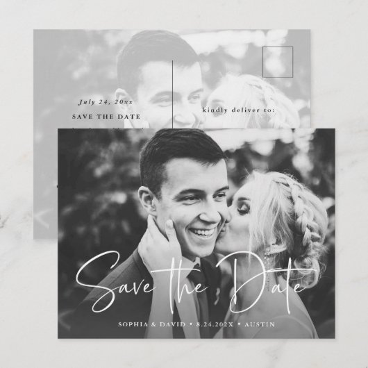 Twee foto's | Eenvoudige script save-the-date Aankondigingskaart (Voorkant / Achterkant)