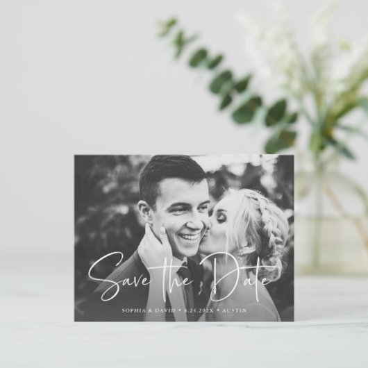 Twee foto's | Eenvoudige script save-the-date Aankondigingskaart (Staand voorkant)