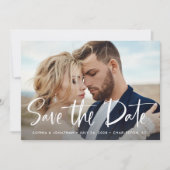 Twee foto's en QR-code | Modern script Save The Date (Voorkant)