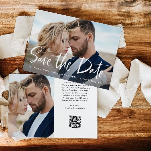 Twee foto's en QR-code | Modern script Save The Date