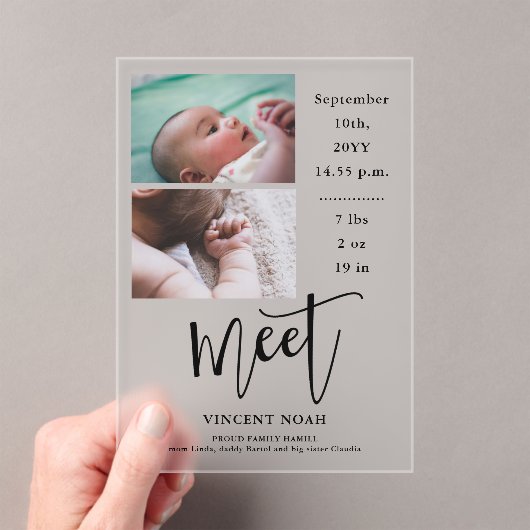 Twee foto's Geboorteaankondiging Frosted Acrylic K Acryl Uitnodigingen (Insitu (Draagbaar))