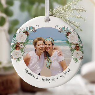 Twee foto's Geluk is jouw vriend Roos en Pijnboom Keramisch Ornament